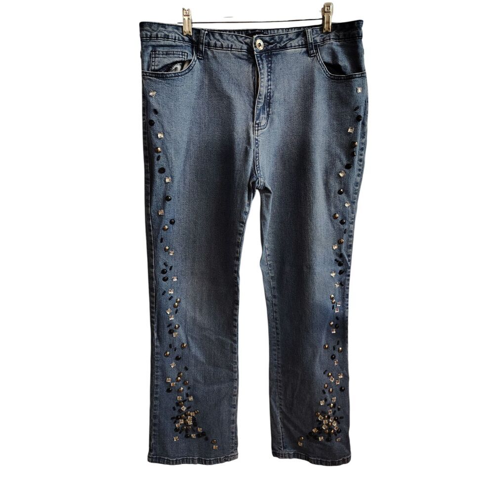 Denim 24/7 Side Leg Floral‎ Embroidered Wide Leg Jeans Waist 35"